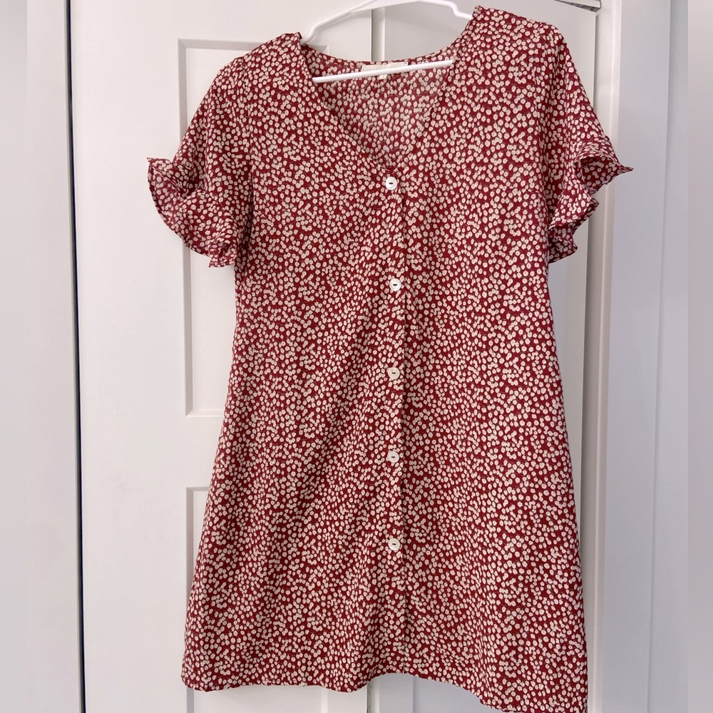Red Floral mini dress- ruffle sleeves & button accents-Great condition AU8~US4